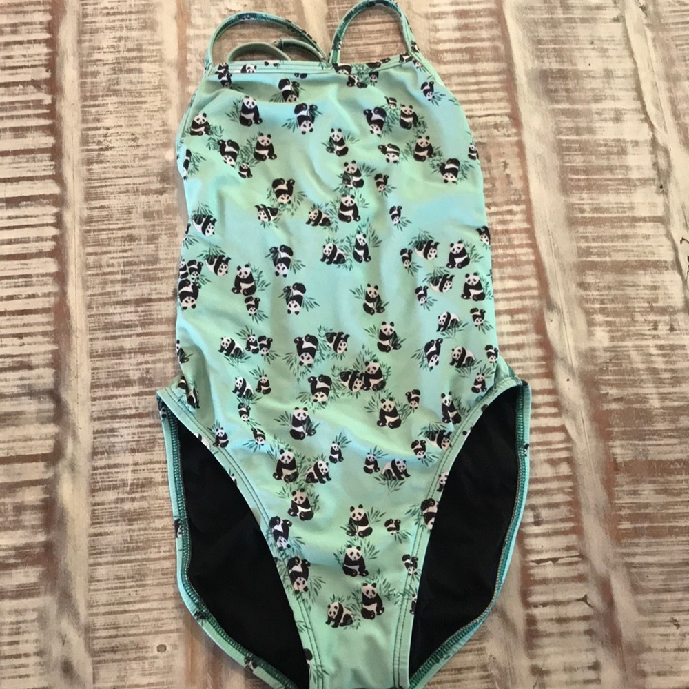 JOLYN tie back onesie with panda pattern.